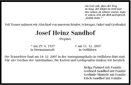 Sandhof Josefl 1937-2007 Todesanzeige